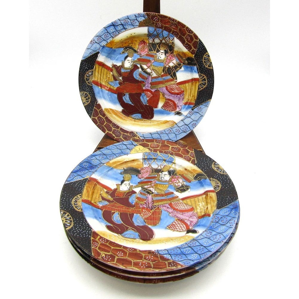 Satsuma Moriage Dessert Plates Samurai Hand Painted Raised Design Marked (4)